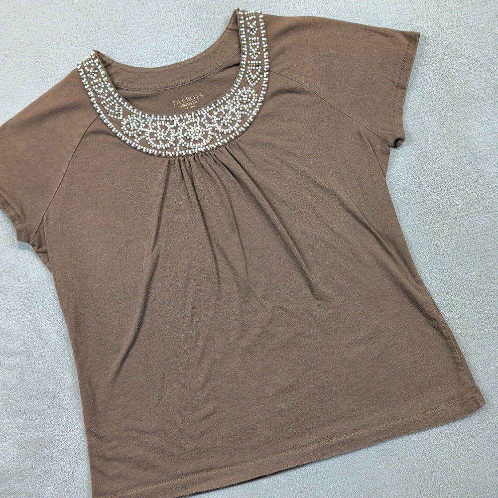 Talbots Large Petite Brown Beaded Scoop Neck Cotton Short Sleeve Top LB-14